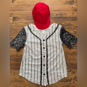 Balera Vertical Stripe Sequined Baseball Shirt and Red Baseball Cap Costume